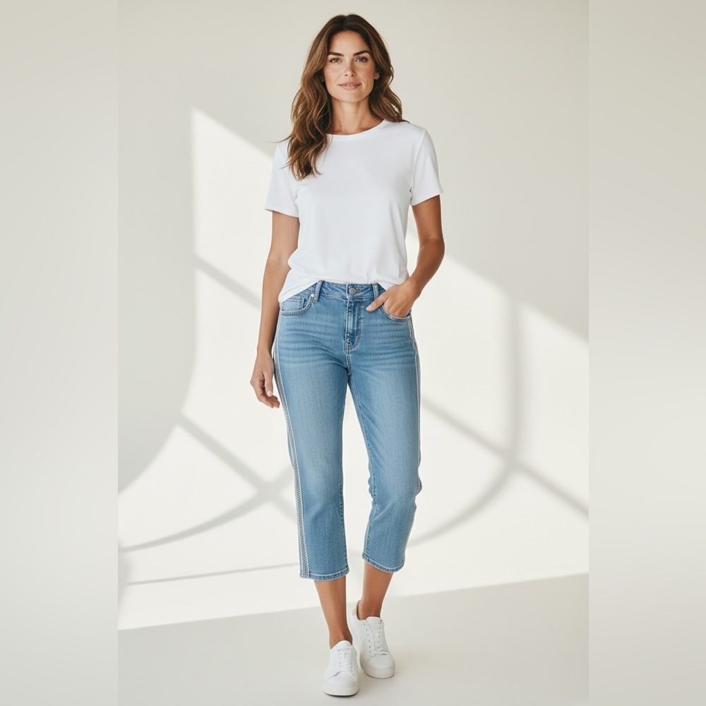 Ann Taylor Embroidered Tuxedo Stripe Straight Crop Jeans Size 2